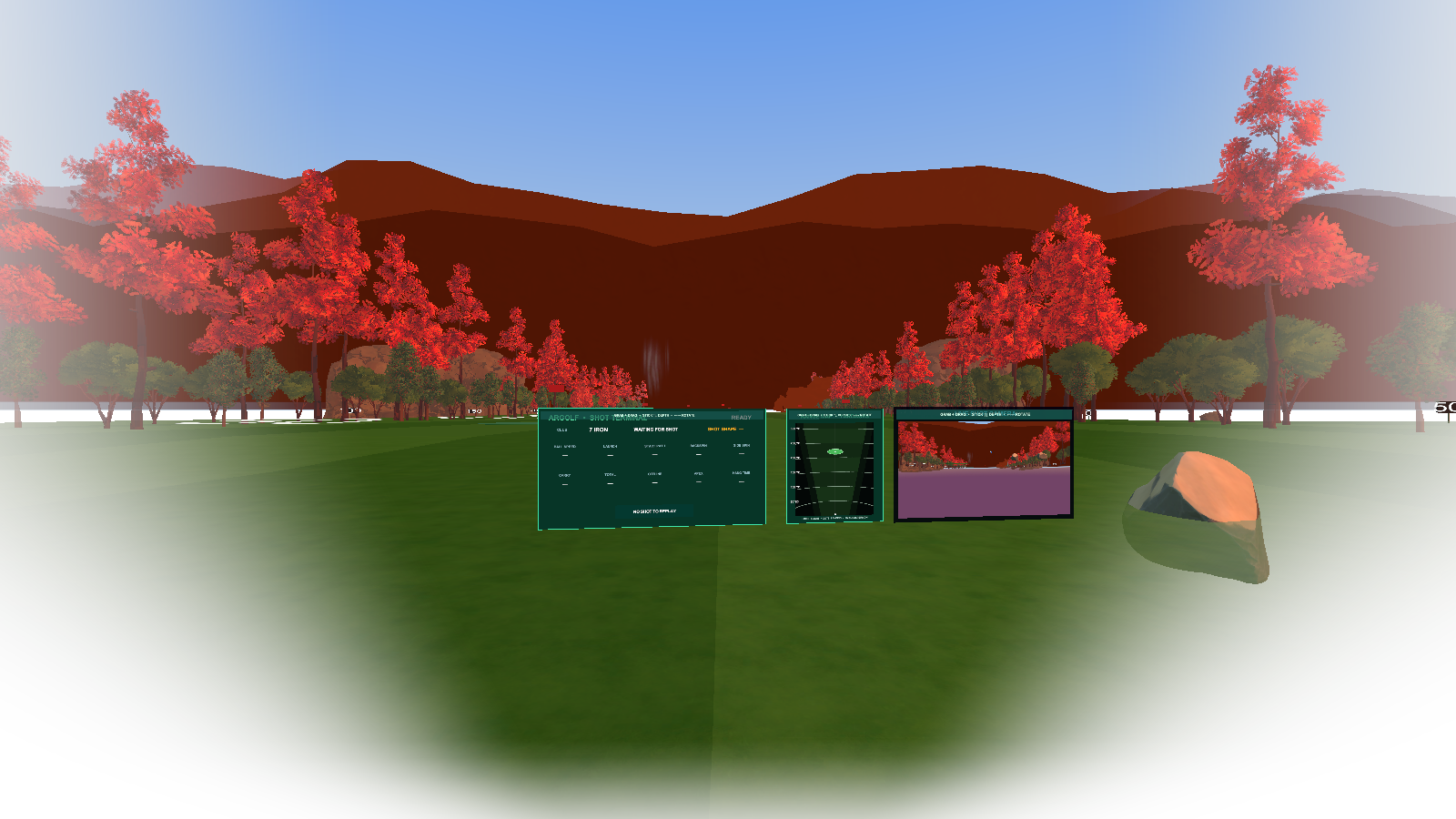 Golden-hour driving range with autumn trees, distant hills and in-game shot feedback panels
