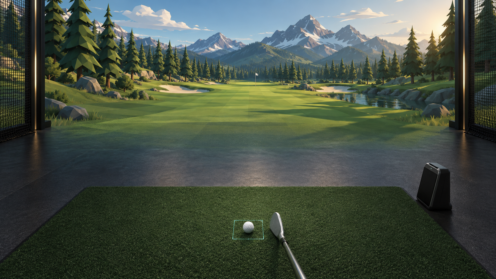 Concept illustration of a real hitting mat, ball and club blending into a virtual alpine golf course