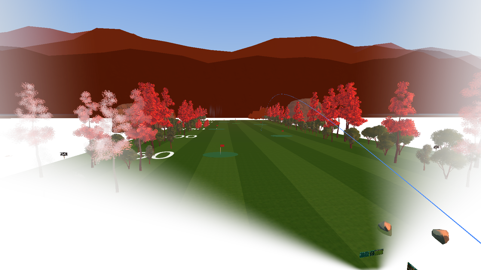 A blue shot trail arcs above the virtual range, showing the ball flight path